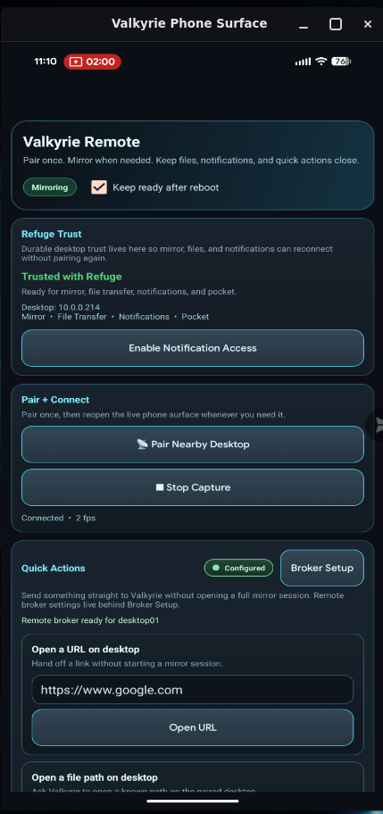 Valkyrie Remote running in a native desktop window with trust, pairing, and quick actions visible.
